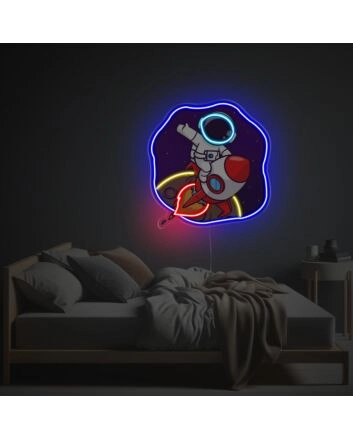 Astronaut Escaping The Moon With Rocket LED Neon Acrylic Artwork