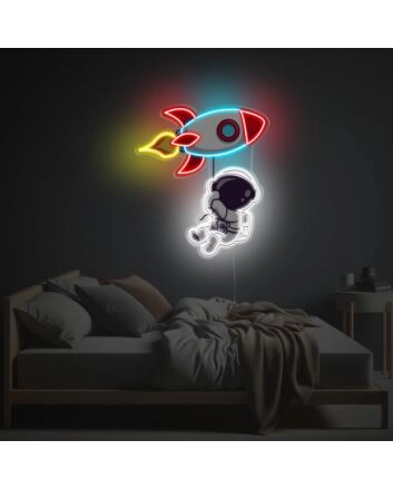 Astronaut Holding A Rocket Balloon LED Neon Acrylic Artwork