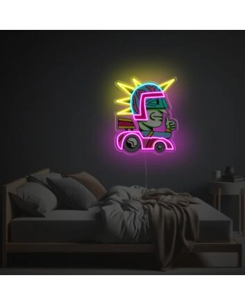 Big Head Man With Race Car LED Neon Acrylic Artwork