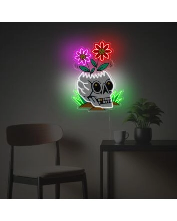 Daisies With Skull Head Vase LED Neon Acrylic Artwork