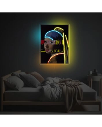 Girl Wearing Pearl Earrings Protrait In Pop Style LED Neon Acrylic Artwork