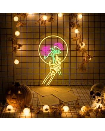 Skull Hand Holding Roses LED Neon Sign