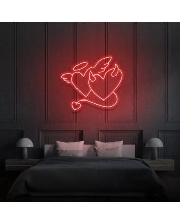 Angel and Devil Hearts Neon Art Playful Duality and Temptation