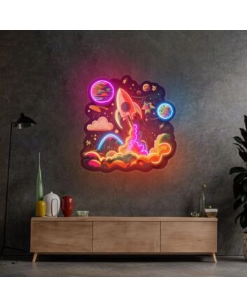 Rocket Launching Into Galaxy Led Neon Sign Light Pop Art