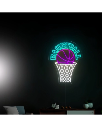 Basketball Hanging on Hoop Neon Light