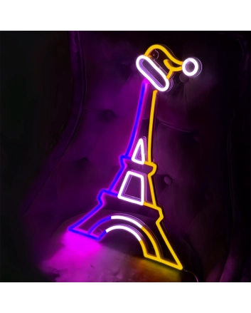 Eiffel Tower with Santa Hat Neon Sign