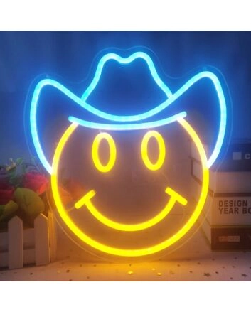 Smiley Face with Cowboy Hat Neon Sign