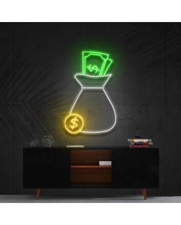 Cash Bag Multicolour Neon Sign for Wealth Themed Decor