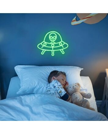 Green UFO Neon Sign Alien Theme Kids Room