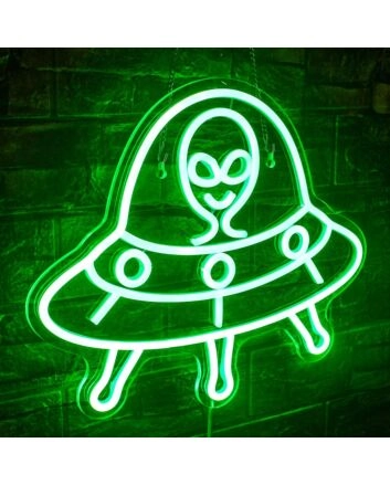 Green UFO Neon Sign Alien Theme Kids Room