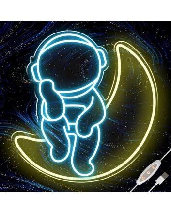 Ice Blue Astronauts Sitting on the Moon Neon Sign Space Kids Room