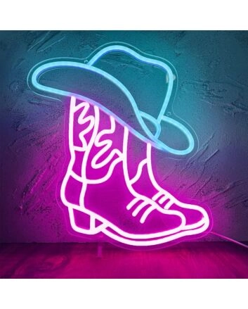 Ice Blue Cowboy Hat and Dark Pink Cowboy Shoes Neon Sign Party Decor