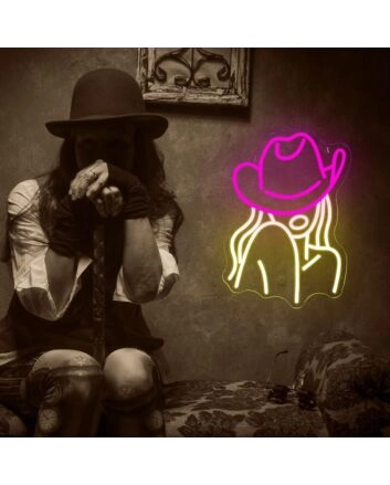 Woman in Deep Pink Hat Neon Sign Fashion Statement