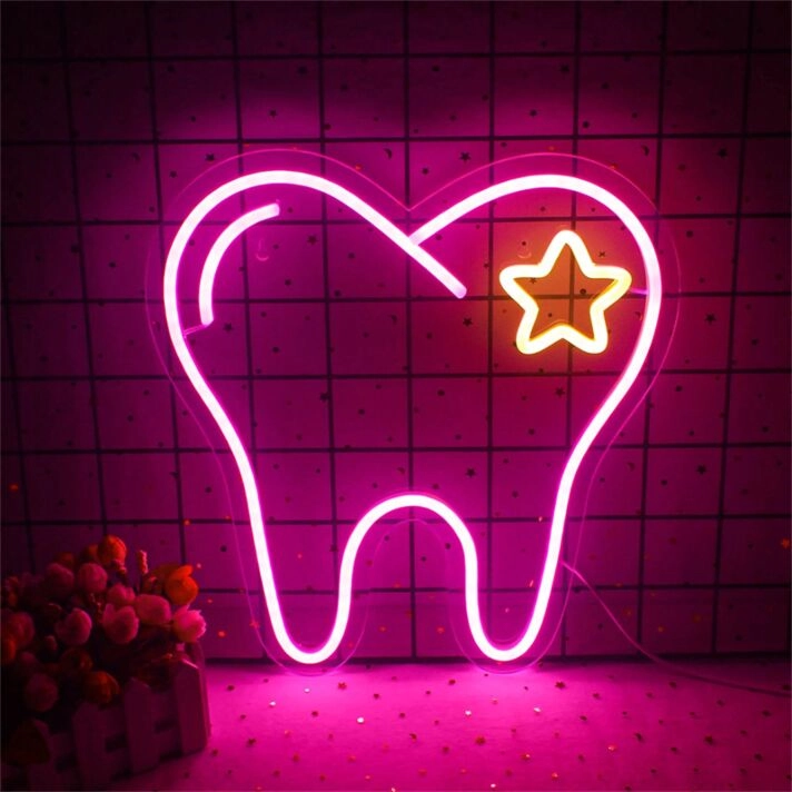 Add a Twinkling Touch to Your Dental Office, Bar, or Home Decor with the Teeth And Star LED Neon Sign.