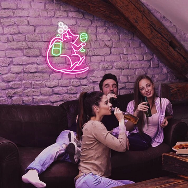 Brighten Up Your Bar or Home with the Whimsical Deep Pink Drunken Cat Neon Sign, Perfect for Parties and Decor.