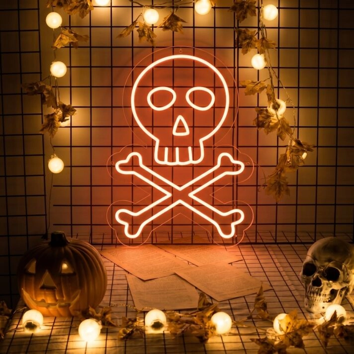 Brighten up your Halloween Bash or Haunted House decor with the Spooky Skeleton Skulls Neon Sign.