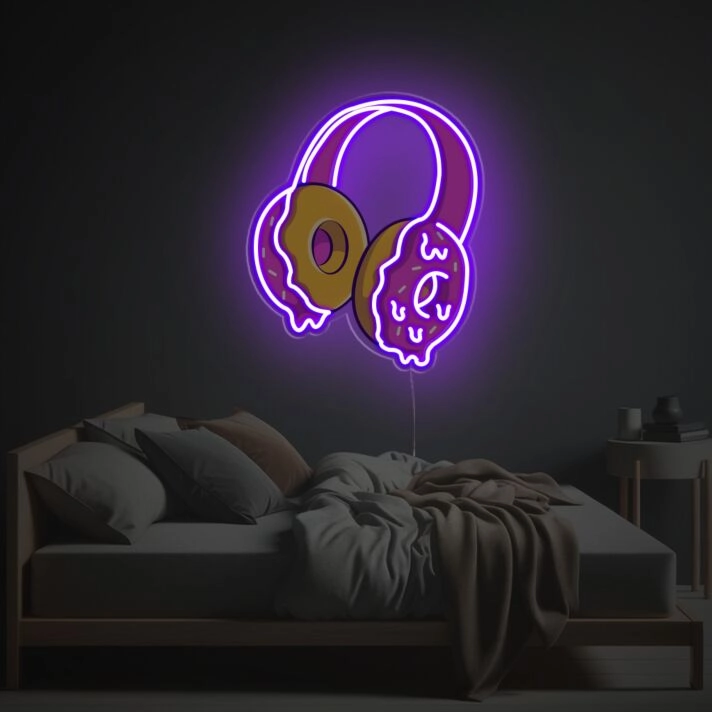 Add a Vibrant Touch to Your Bar, Office, or Home Decor with Purple Donuts Earsphone LED Neon Acrylic Artwork.