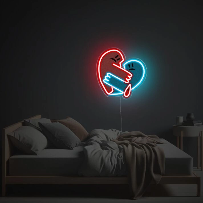 Transform Any Space into a Mood-Setting Realm with Sadly Hugging Broken Heart LED Neon Acrylic Artwork - Perfect for Bars, Bedrooms, and Emotional Art Exhibits.