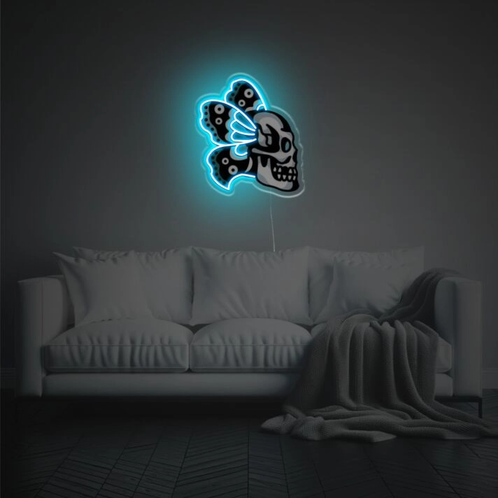 Transform Your Space into a Vibrant Oasis with Skull With Butterfly Wing LED Neon Acrylic Artwork — Perfect for Home Decor, Bars, and Eclectic Weddings.