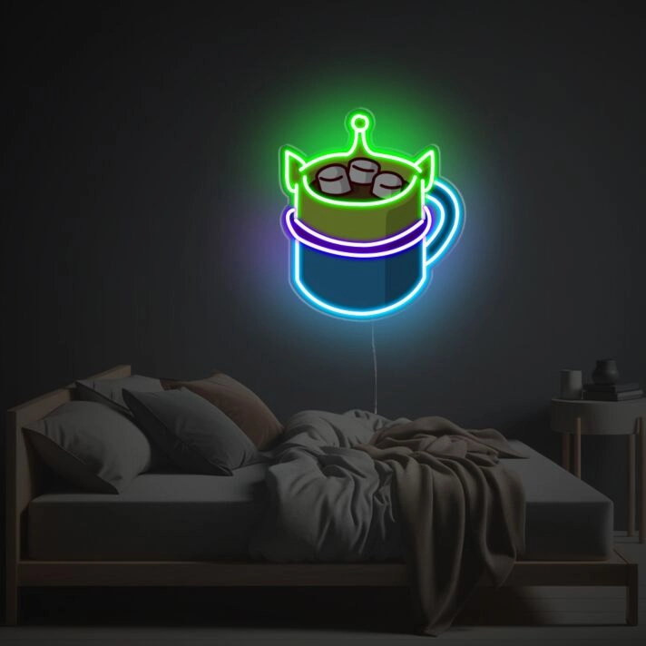 Transform Your Space: Squeeze Toy Aliens Shaped Mug LED Neon Acrylic Artwork for Home, Bars, and Parties