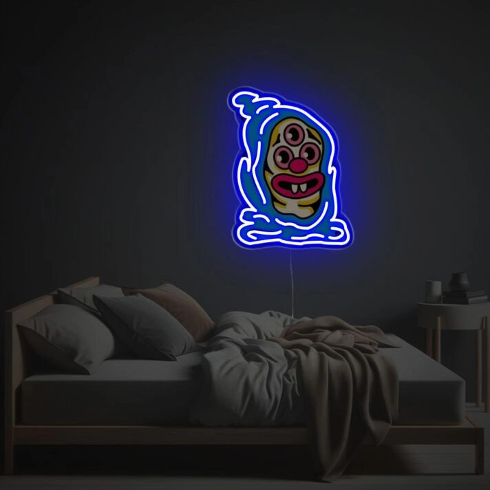 Add a Playful Touch to Your Kid's Room, Game Room, or Themed Parties with the Three-Eyed Monster With Blue Suit LED Neon Acrylic Artwork.