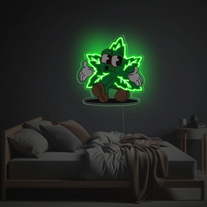 Enhance Your Space: Whistling Green Leave Guy LED Neon Acrylic Artwork Perfect for Bar Ambiance, Home Decor, and Office Settings