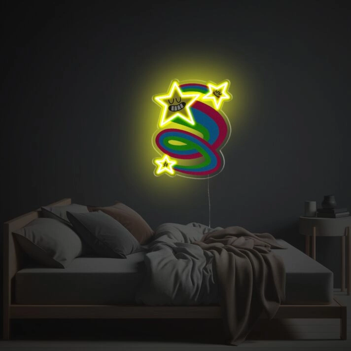 Brighten Up Your Bar, Wedding, or Office Ambiance with Yellow Star With Rainbow Trace LED Neon Acrylic Artwork.