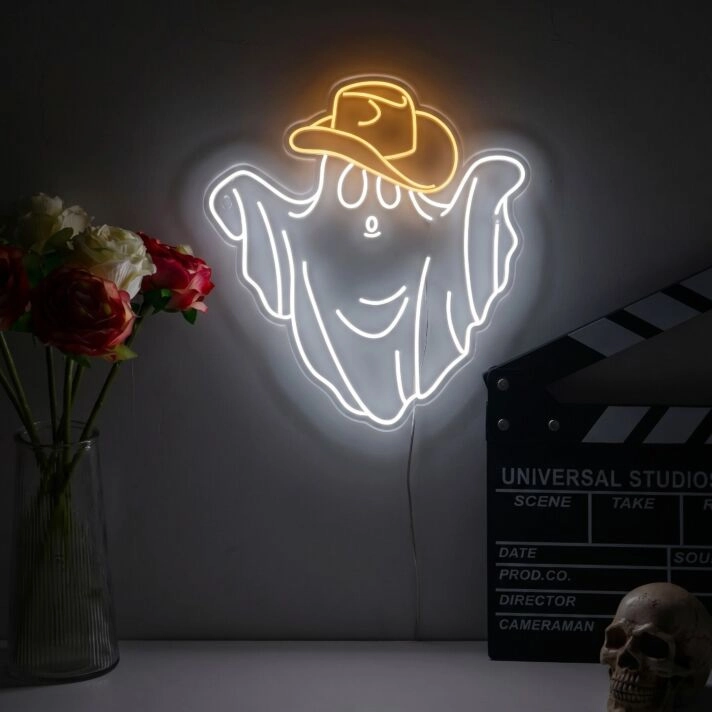 Brighten Up Your Spooky Celebrations: Halloween Cow Boy Ghost LED Neon Sign for Home Decor, Halloween Parties, and Themed Bars.