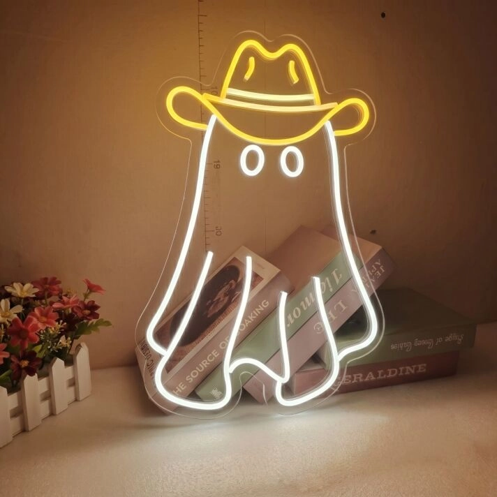 Brighten Up Your Halloween Party and Home Decor with the Spooky Charm of the Halloween Cuty Ghost With Hat LED Neon Sign.