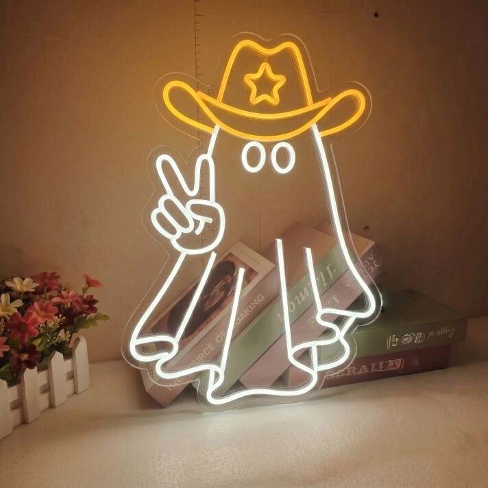 Elevate Your Halloween Ambiance: Perfect for Home Decor, Theme Parties, and Bars - Halloween Ghost With Cowboy Hat With Star LED Neon Sign.