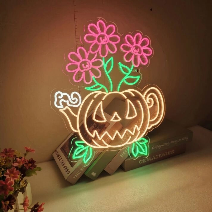 Brighten Up Your Halloween Festivities and Events with the Halloween Pooky Pumpkin Flowers LED Neon Sign - Perfect for Home Decor, Parties, and Themed Bars.
