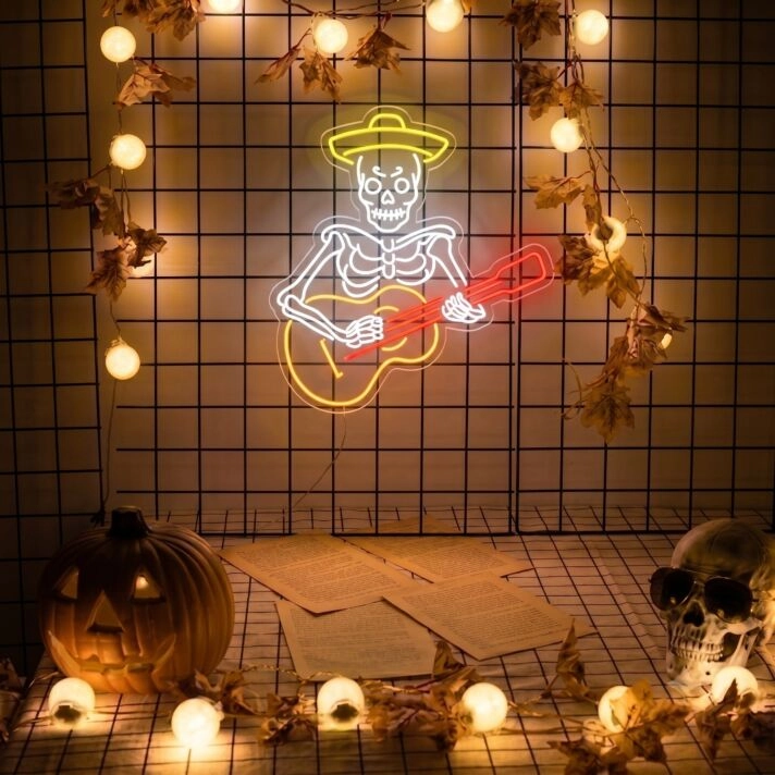 Bring the Fiesta to Your Space: Mexican Skull Man Playing Guitar LED Neon Sign Perfect for Bars, Festive Home Decor, and Vibrant Celebrations.