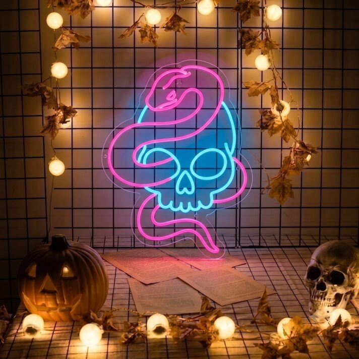 Add a Bold Twist to Your Space: Skull Head With Pink Snake LED Neon Sign - Perfect for Bars, Tattoo Parlors, and Edgy Home Decor.