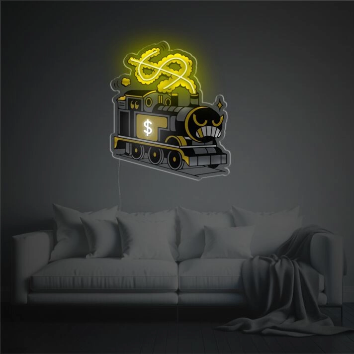 Elevate Your Space: Angry Money Train LED Neon Acrylic Artwork for Office, Bars, and Trendsetting Home Decor.
