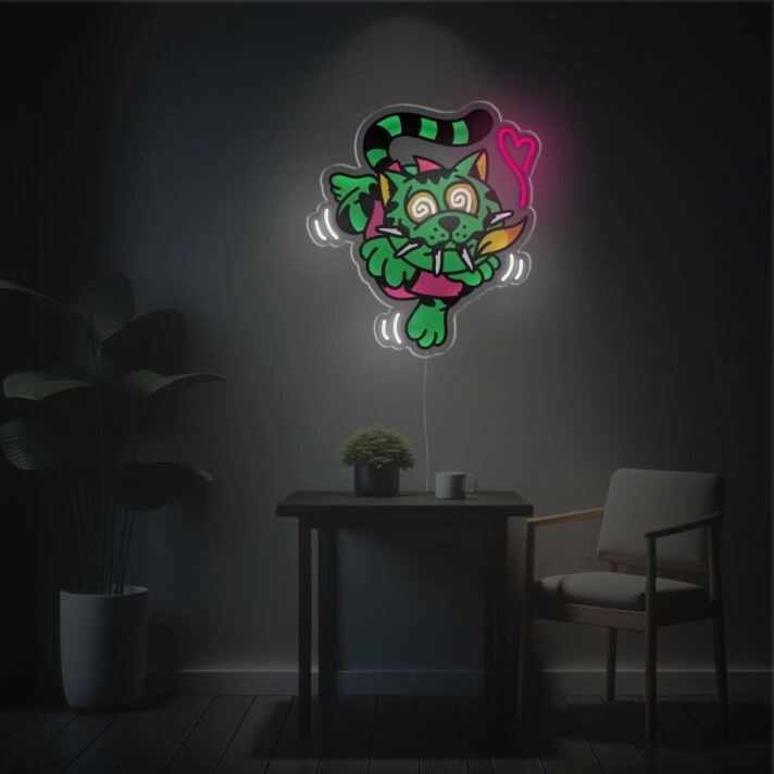 Brighten Your Spaces: Dizzzy Green Cat LED Neon Acrylic Artwork Perfect for Bars, Offices, and Playful Home Decor.