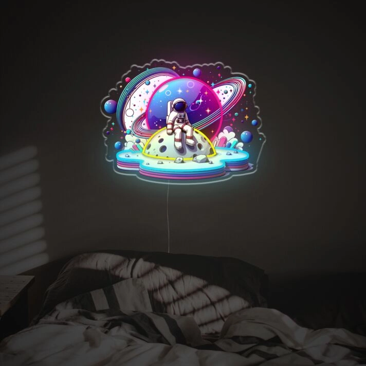 Elevate Your Space: Marvellous Planets View With Astronaut Man LED Neon Acrylic Artwork Perfect for Home Decor, Bars, and Cosmic-Themed Events.