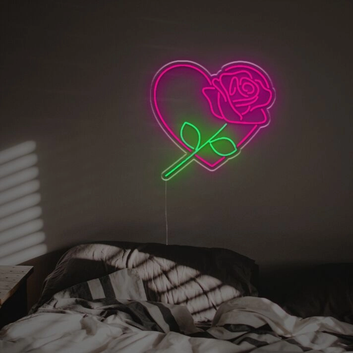 Brighten Up Your Space: A Rose With Pink Heart LED Neon Sign Perfect for Weddings, Bars, and Romantic Home Decor.