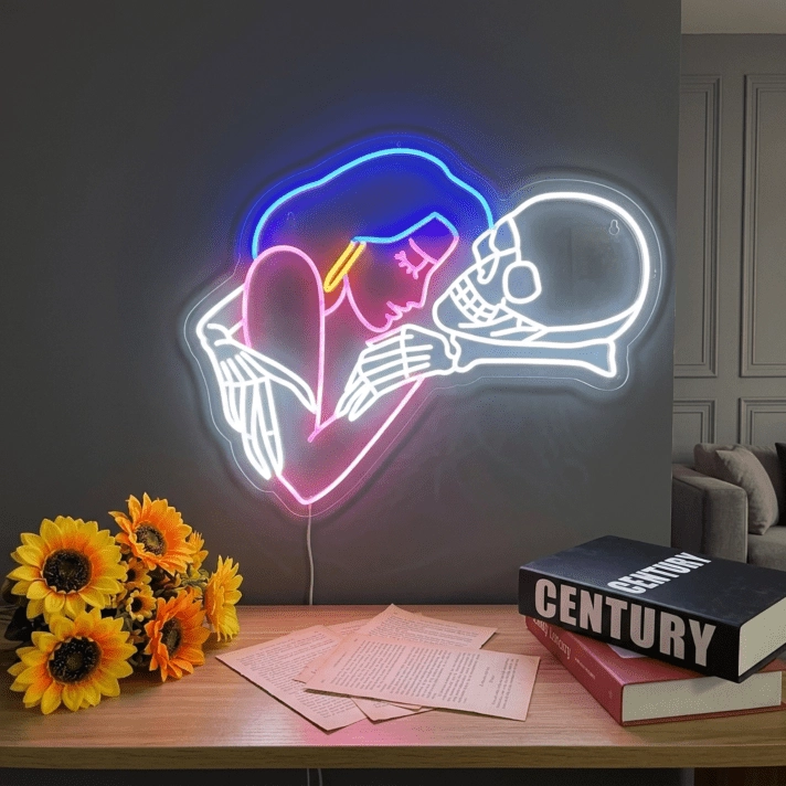 Bring Romance to the Macabre - Affectionate Girl Loves Skull Neon Sign, Perfect for Bars, Gothic Weddings, and Edgy Home Décor.