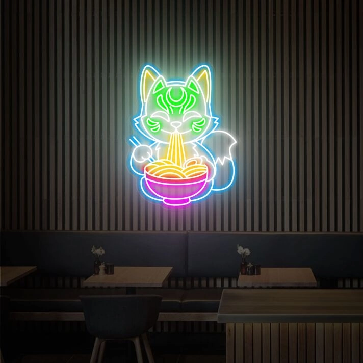 Elevate Your Space: Fox Ramen Neon Sign Fox Neon Sign Japanese Mask Fox Neon Japanese Noodles LED Neon Sign - Perfect for Home Decor, Bars, and Trendy Restaurants.