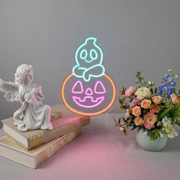 Spookify Your Space: Halloween Ghost Pumpkin Neon Sign for Festive Home Decor, Office Charm, or Hauntingly Good Bar Celebrations.