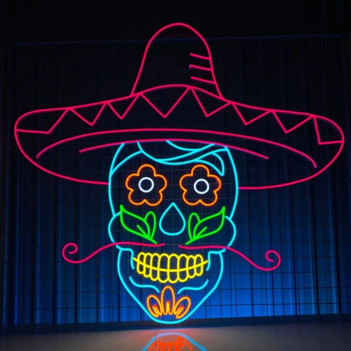 Sugar Skull Mexican Skeleton Colorful Led Sign Christmas Decor