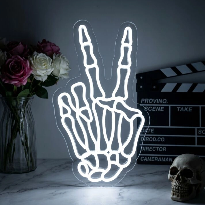 Skeleton Hand Peace Sign Neon Sign for Edgy and Unique Decor