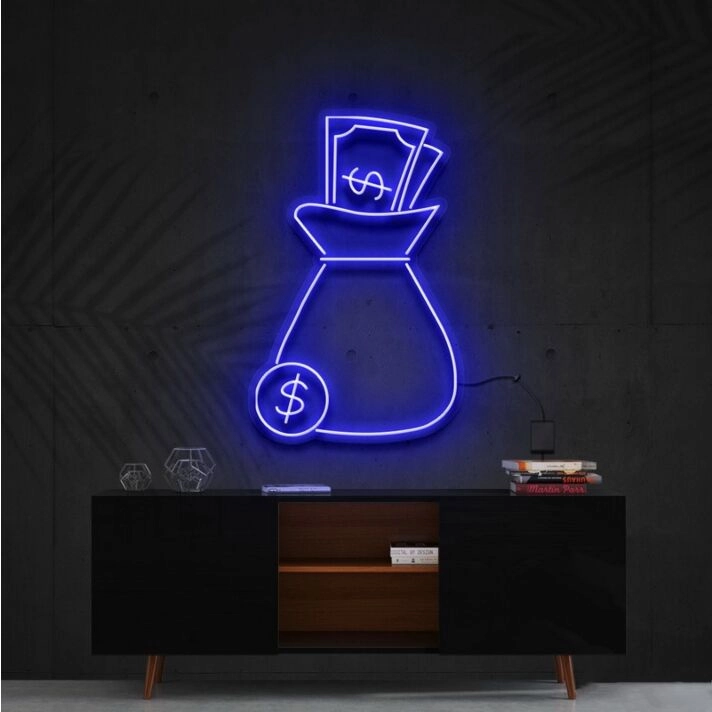 Cash Bag Neon Sign for Wealth Themed Decor and Business Displays