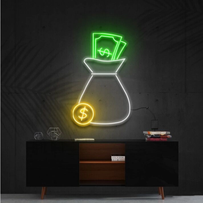 Cash Bag Multicolour Neon Sign for Wealth Themed Decor