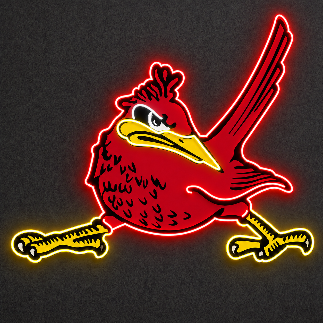Option 1 design mockup: full-color UV-printed mascot with LED neon accents